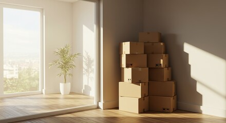 Stack of cardboard boxes in a bright, sunlit corner of a new apartment