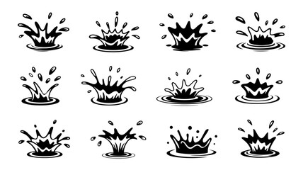 Collection of stylized black and white water splash illustrations