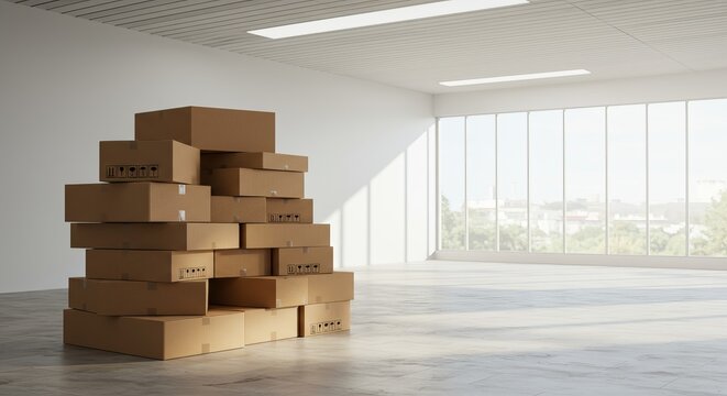 Stack of cardboard boxes in an empty room awaiting distribution process