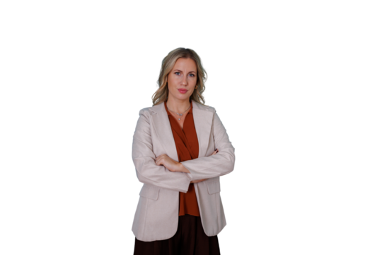 Confident businesswoman with arms crossed standing, demonstrating power and leadership on transparent background - Powered by Adobe