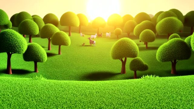 4K UHD animation where a flat vector landscape seamlessly morphs into a lush 3D forest. Camera pulls back as small animals walk through the scene in warm golden‑hour light&mdash;ideal for kids, eco, and exp