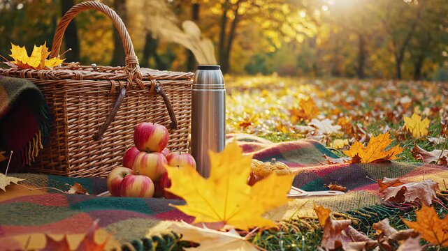 Autumn picnic scene with basket, apples, and thermos in fallen leaves