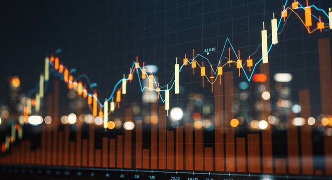 Abstract Financial Chart Overlay with Glowing Cityscape Backdrop