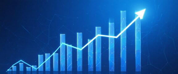 Abstract financial graph with uptrend line and bar chart of stock market on blue color background