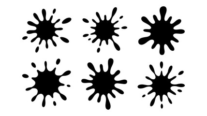 Six black ink splatter shapes on a white background