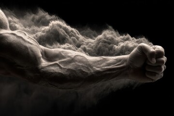 A powerful fusion of a flexed muscular arm and a towering mountain surrounded by swirling clouds creates a dramatic, surreal scene