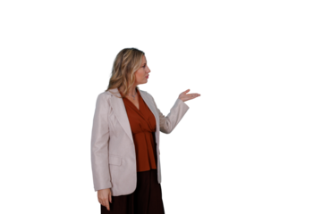 Woman presenting and gesturing with open hand, inviting and showing something on transparent background