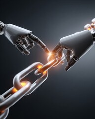Smart contract blockchain nodes glowing, robotic hands connecting links,