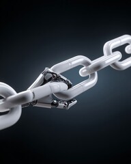 Smart contract blockchain nodes glowing, robotic hands connecting links,