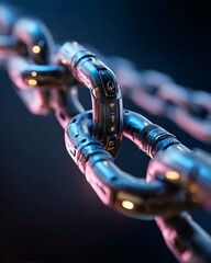 Smart contract blockchain nodes glowing, robotic hands connecting links,