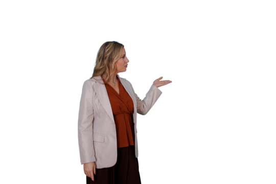 Woman presenting and gesturing with open hand, inviting and showing something on transparent background