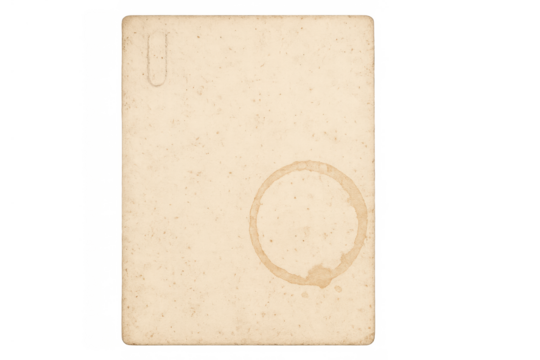 Old stained blank paper with coffee cup ring and paperclip mark, vintage aged textured document on transparent background