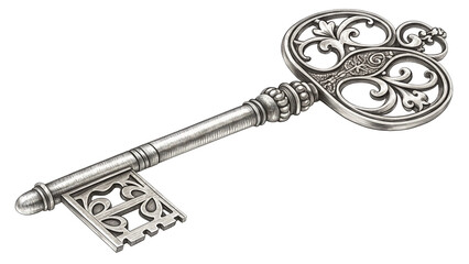 An ornate, antique silver key with intricate scrollwork, isolated on transparent background
