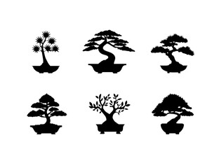 Fototapeta premium Bonsai tree silhouette collection, featuring six unique miniature tree designs in decorative pots, perfect for zen, relaxation, and Japanese garden inspiration, evoking calm and tranquility