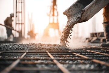 Pouring concrete on steel rebar grid, reinforced mesh at a building site. Cement truck. Worker is spreading a thin layer of wet gray foundation surface. Create solid floor. Liquid concreting process
