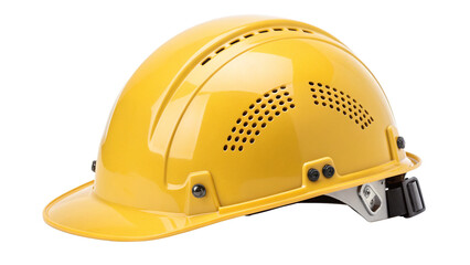 A bright yellow construction hard hat with ventilation, isolated on transparent background
