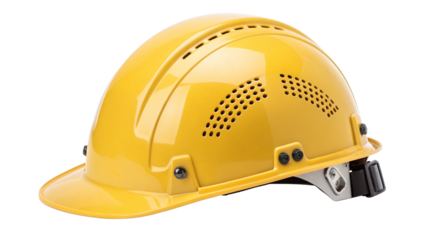 A bright yellow construction hard hat with ventilation, isolated on transparent background