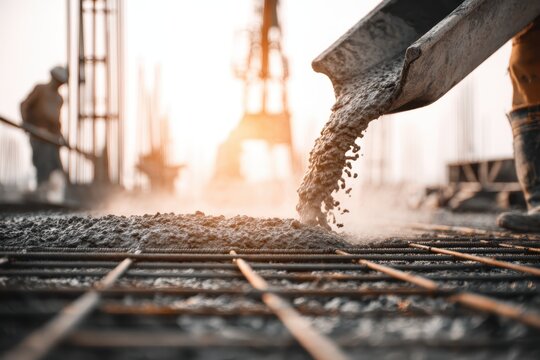 Pouring concrete on steel rebar grid, reinforced mesh at a building site. Cement truck. Worker is spreading a thin layer of wet gray foundation surface. Create solid floor. Liquid concreting process