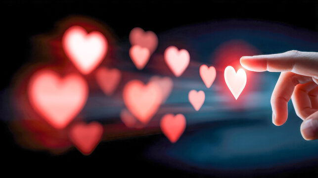 Person lightly touching illuminated heart-shaped icons glowing in a dark setting symbolizing connection and affection in digital communication technology concept