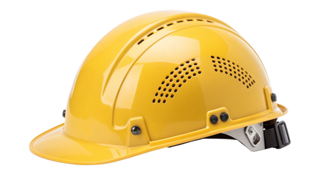 A bright yellow construction hard hat with ventilation, isolated on transparent background