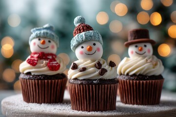 Festive chocolate cupcakes topped with cheerful snowman decorations and creamy swirls set against a warm holiday backdrop