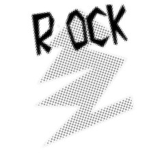 Bold “ROCK” hand-drawn typography paired with a halftone lightning bolt graphic. Retro pop-art style design suitable for posters, fashion apparel prints, music themes, and modern graphic layouts.