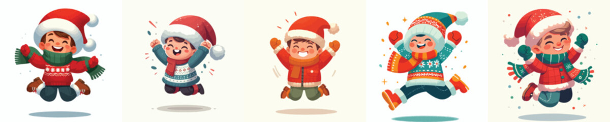 vector of a little boy jumping happily welcoming Christmas