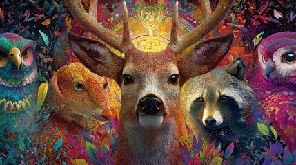 Colorful woodland creatures, an owl, deer, fox, and raccoon amidst kaleidoscopic foliage.