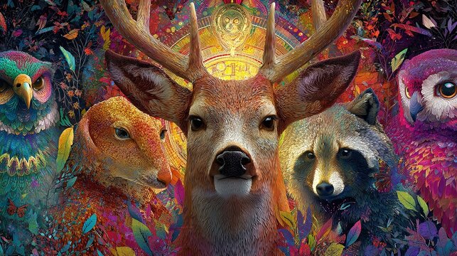 Colorful woodland creatures, an owl, deer, fox, and raccoon amidst kaleidoscopic foliage.