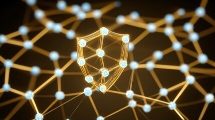 Cyber shield hologram protecting enterprise network, glowing grid background, copy space,