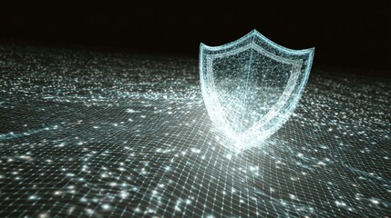 Cyber shield hologram protecting enterprise network, glowing grid background, copy space,