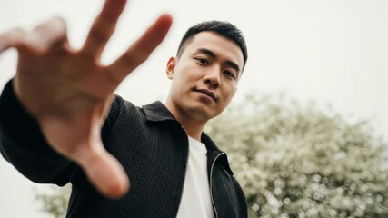 Young adult asian male reaches his hand towards the camera. This creates an immersive point of view, engaging directly with the viewer with a modern and casual aesthetic