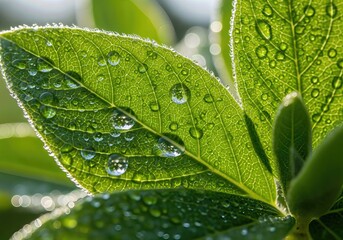 Dew-covered leaves in morning light