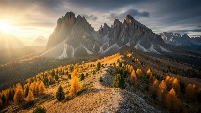 Epic sunrise over the jagged peaks of the italian dolomites in south tyrol. A scenic hiking path winds along a mountain ridge through a beautiful golden autumn forest