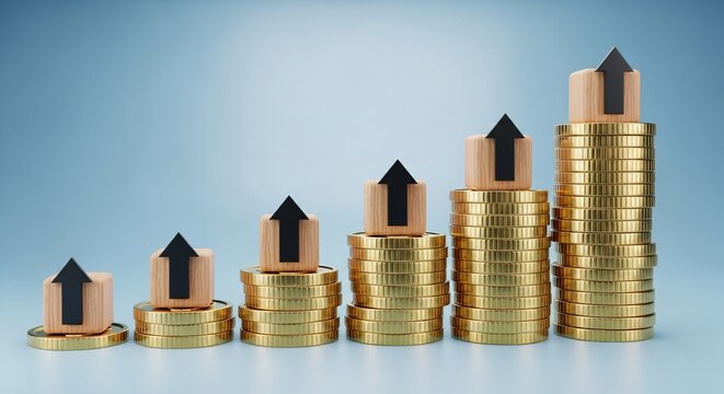 Financial Growth Concept Showing Increasing Stacks of Gold Coins and Wooden Blocks with Arrows on Blue Background Representing Investment Success - Powered by Adobe
