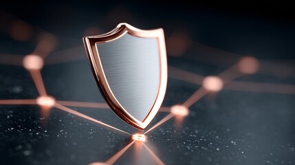 Cyber shield hologram protecting enterprise network, glowing grid background, copy space,