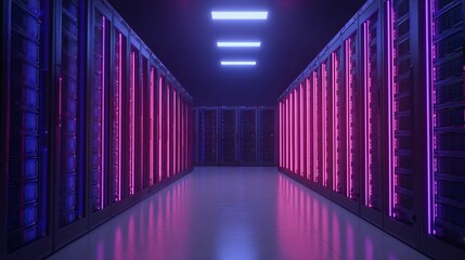 Futuristic AI data center with glowing servers, seamless reflections, copy space, corporate blue-purple,