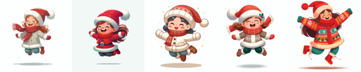 vector of a little girl jumping happily welcoming Christmas