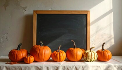 Autumnal Still Life - Pumpkins and Blackboard for Festive Greetings.