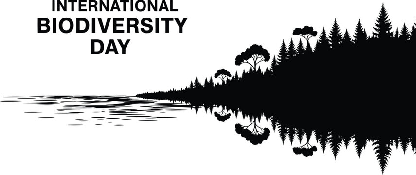 International biodiversity day with forest and water reflection in black and white