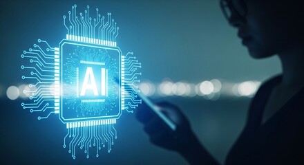 Woman Using Device with Glowing Artificial Intelligence Chip Representing Tech, Future and Digital Transformation on Dark Blue Background