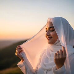 A peaceful young woman wearing a white hijab enjoying a serene moment outdoors during sunset with a gentle smile on her face