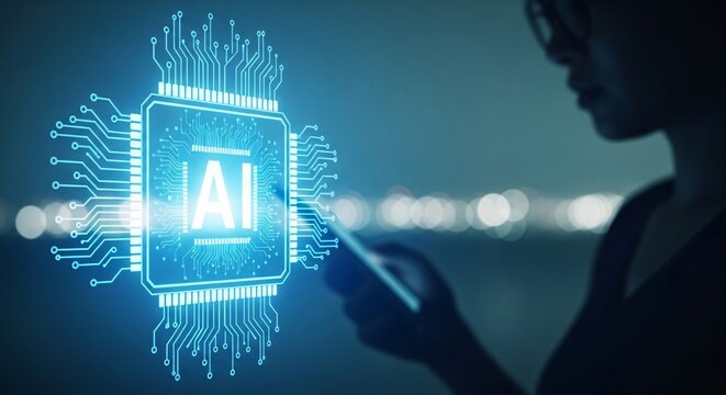 Woman Using Device with Glowing Artificial Intelligence Chip Representing Tech, Future and Digital Transformation on Dark Blue Background