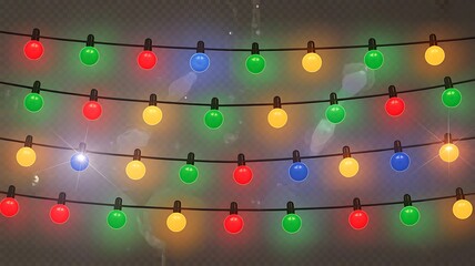 Colorful christmas lights garland glowing on transparent background for decoration