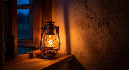 A vintage lantern emitting warm light placed on a wooden windowsill in a cozy room during nighttime, creating a peaceful and nostalgic atmosphere