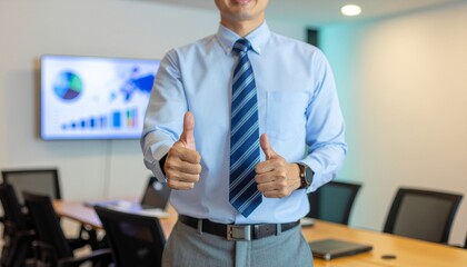部下が作ったグラフの印字された会議資料の出来がいいのでグッドポーズする日本人ビジネスマン