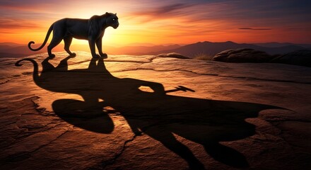 A majestic panther walking across a rocky landscape during a vibrant sunset with a clear sky and distant mountains in the background