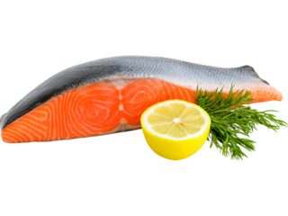 Raw salmon fillet with lemon slice and herbs isolated on transparent background, ideal for seafood and cooking design projects.