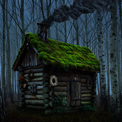 Enchanted Log Cabin in a Misty Forest with Moss Covered Roof