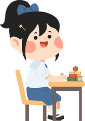 Cartoon Schoolgirl Studying at Desk
